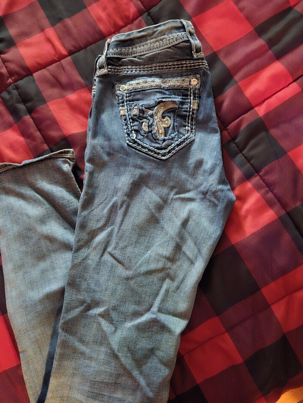 Rock Revival Light Blue Boot Cut Jeans with Embroidered Back
